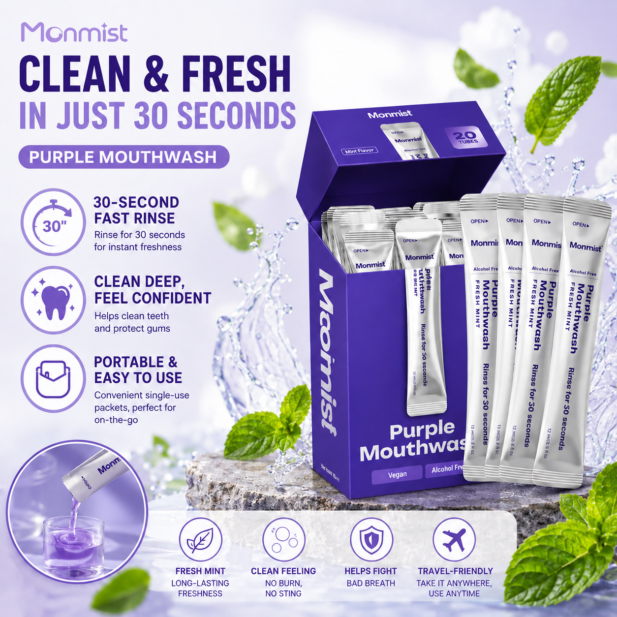 👍  20 Portable Mouthwash Sachets • Vegan • Alcohol-Free • Peroxide-Free